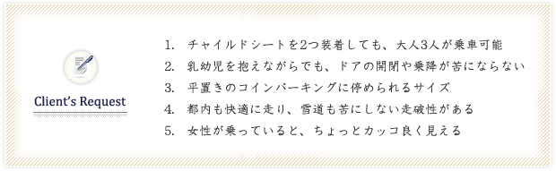 1.チャイルドシートを2つ装着しても、大人3人が乗車可能
2.乳幼児を抱えながらでも、ドアの開閉や乗降が苦にならない
3.平置きのコインパーキングに停められるサイズ
4.都内も快適に走り、雪道も苦にしない走破性がある
5.女性が乗っていると、ちょっとカッコ良く見える